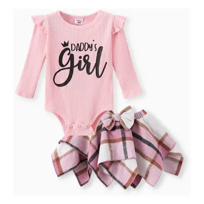 Baby Girl 2pcs Letter Print Romper and Grid Irregular Skirt Set