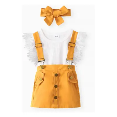 3pcs Baby Girl Lace Flutter-sleeve Ribbed Romper and Suspender Skirt with Headband Set