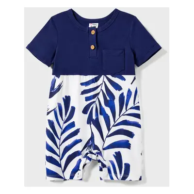 Family Matching Modern Blue and White Botanical Leaf Design Button Strap Dress and Color Block T