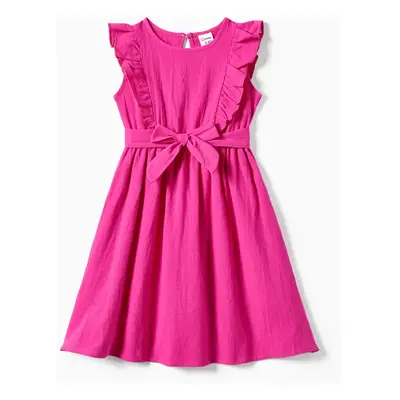 Family Matching Colorblock T-shirt and Hot Pink Button Neck-Tie Strap Dress Sets