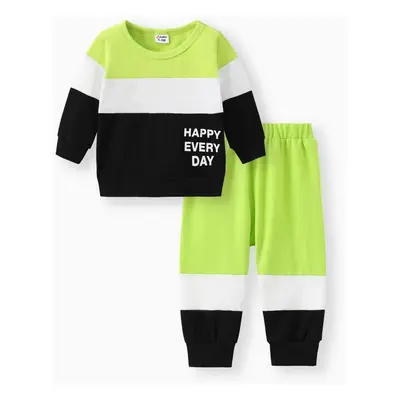 2pcs Baby Boy 95% Cotton Long-sleeve Letter Print Colorblock Sweatshirt and Pants Set