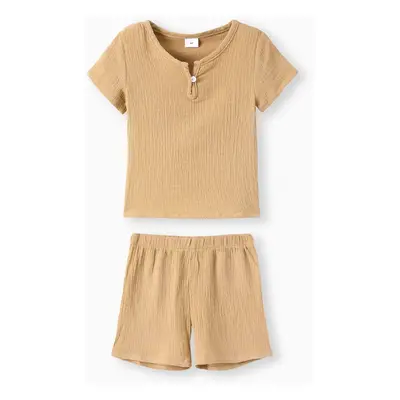 2pcs Toddler Boy/Girl Casual Solid Color Crepe Tee and Shorts Set