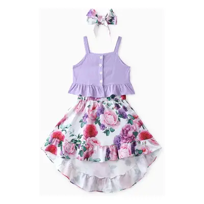 Kid Girl 3pcs Cami Crop Top and Floral Print Ruffled Skirt with Headband Set