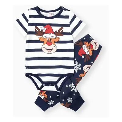 Reindeer Pajamas Christmas Matching Family Outfits Striped Pattern (Short Sleeves)