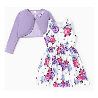 2pcs Kid Girl Floral Print Sleeveless Dress and Long-sleeve Purple Bowknot Design Cardigan Set