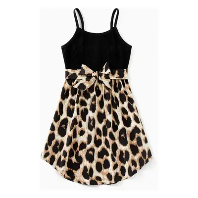 Family Matching 95% Cotton Short-sleeve T-shirts and Rib Knit Spliced Leopard Belted Cami Dresse