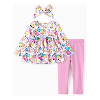 Looney Tunes Baby/Toddler Girl 3pcs Character Heart Rainbow Allover Print Ruffled Top And Leggin