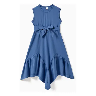 Mommy and Me Blue Irregular Hem Flounced Belted Tank Top Dress