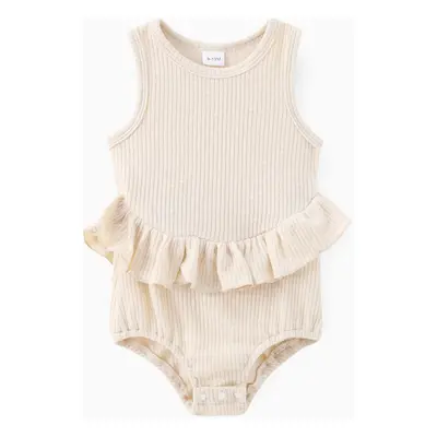 Baby Girl Solid Ribbed Ruffle Trim Tank Romper