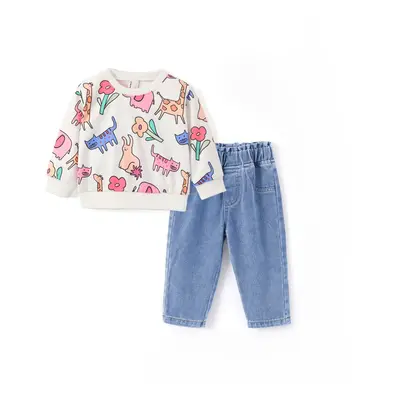 Baby Girl 2pcs Animal Pattern Sweatshirt and Denim Pants Set