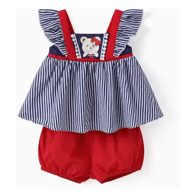 Baby Girl 2pcs Childlike Bear Embroidery Striped Top and Shorts Set