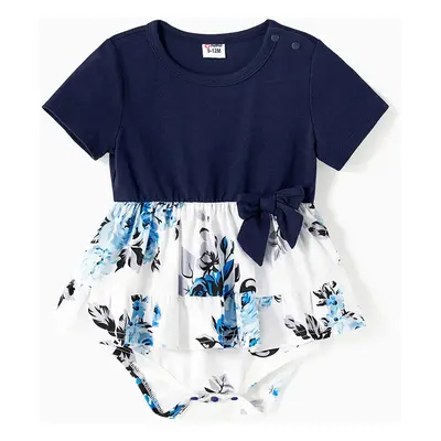 Family Matching 95% Cotton Dark Blue Short-sleeve T-shirts and Floral Print Spliced Dresses Sets