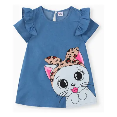 Baby Girl Cute Cat Print Ruffled Short-sleeve Dress