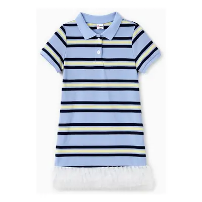 Family Matching Sets Vertical Striped Short Sleeves Polo Shirt or Lace Ruffle Pleated Lace Trim 