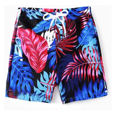 Family Matching Blue Floral Drawstring Swim Trunks or Shell Trim Spliced One-Piece Swimsuit