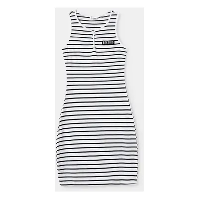 Family Matching Stripe Short Sleeves Tee and Henley Neck Stripe Sleeveless Besties Dress Sets