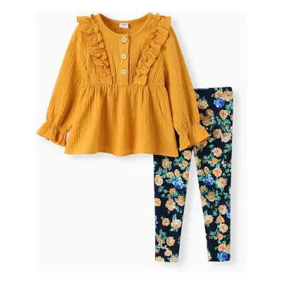 Toddler Girl 2pcs Sweet Ruffled Top and Floral Leggings Set