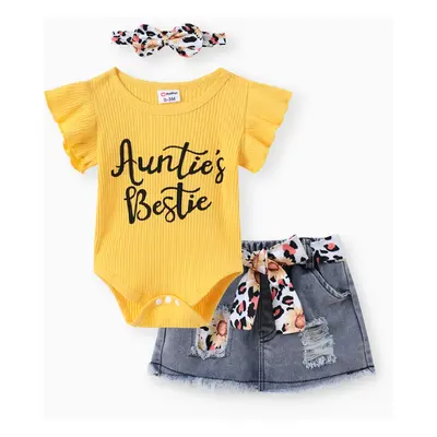 3pcs Baby Girl 100% Cotton Belted Ripped Denim Skirt and Letter Print Ribbed Flutter-sleeve Romp