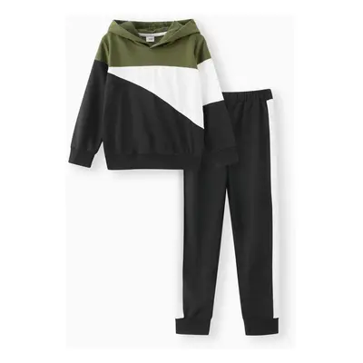 2pcs Kid Boy Colorblock Hoodie Sweatshirt and Elasticized Pants Set