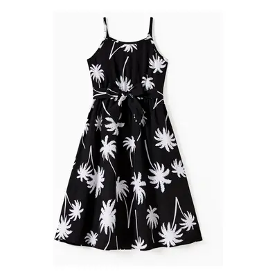 Family Matching Sets Black Coconut Tree Pattern Beach Shirt and Belted Strap Midi Dress