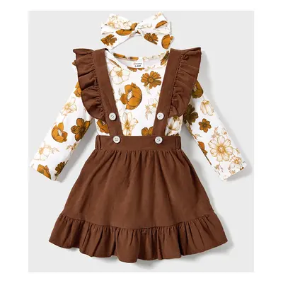 3pcs Floral Print Ruffle Decor Long-sleeve Baby Set