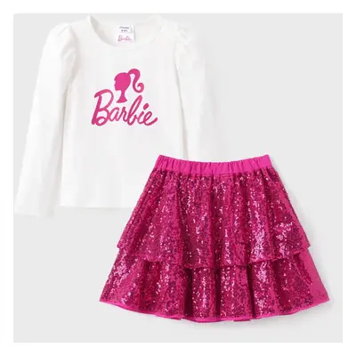 Barbie Toddler/Kid Girl 2pcs Logo Print Puff-sleeve Cotton Top And Sequin Skirt Set