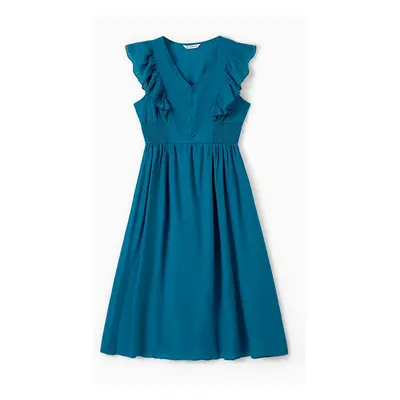 Mommy and Me Peacock Blue V Neck Faux Button Accents Shirred Waist Ruffle Trim Dresses