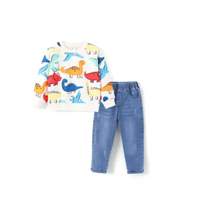 Toddler Boy 2pcs Dinosaur Print Sweatshirt and Denim Jeans Set