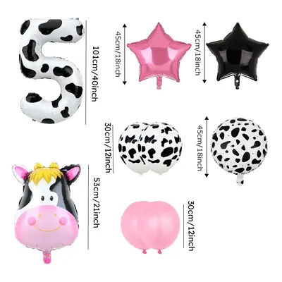 9 Piece Birthday Party Pink Cow Print Latex Balloon Set with Foil Balloons