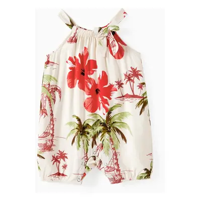 Family Matching Tropical Floral Beach Shirt and Button Strap Midi Dress Sets