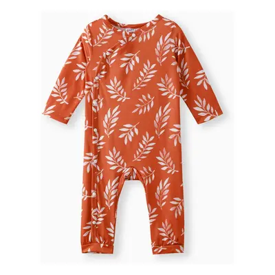 Baby Girl Leaves Print White/Brown Long-sleeve Jumpsuit