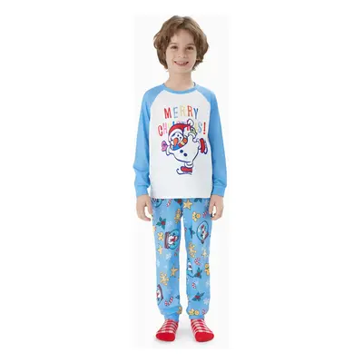 Christmas Family Matching Blue Raglan Sleeves Snowman Graphic Pajamas Sets with Drawstring and P