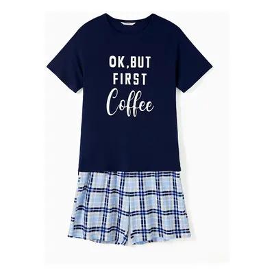 Family Matching Pajamas Sets Glow in the Dark Slogan Dark Blue Top and Plaid Drawstring Shorts