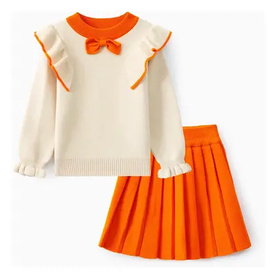 2-piece Toddler Girl Bowknot Flounced Knitted Sweater and Pleated Skirt Set