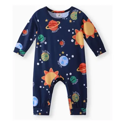 Baby Boy All Over Solar System Planets and Letter Print Dark Blue Long-sleeve Jumpsuit