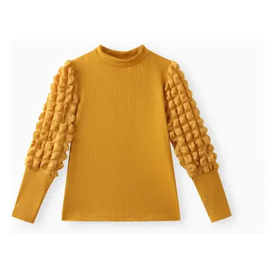 Kid Girl Textured Long Puff-sleeve Mock Neck Solid Color Tee