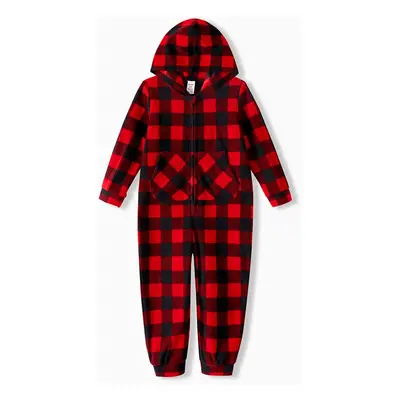 Christmas Family Matching Red Plaid Hooded Long-sleeve Thickened Polar Fleece Zipper Onesies Paj