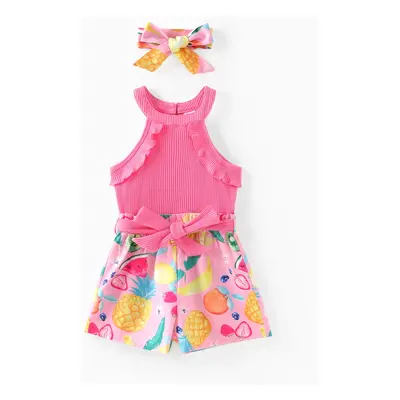 Kid Girl Fruit Print Halterneck Ruffled Jumpsuit with Headband