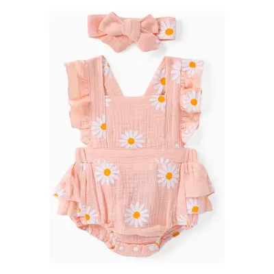 100% Cotton 2pcs Daisy Print Crepe Fabric Baby Romper Set