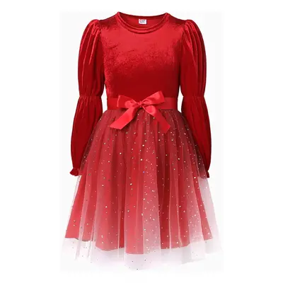 2pcs Kid Girls Sweet Puff Sleeve Multi-layered Star Mesh Dress