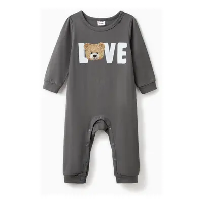 Baby Boy 95% Cotton Long-sleeve Bear & Letter Print Grey Long-sleeve Jumpsuit