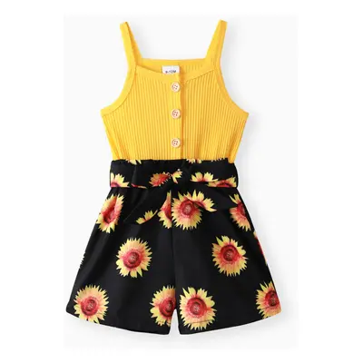 Baby Girl Sunflower Print & Ribbed Spliced Spaghetti Strap Romper Shorts