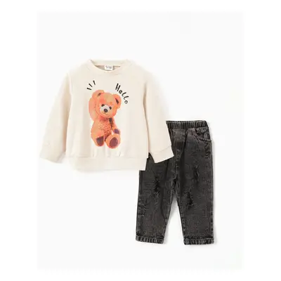 2pcs Baby Boy Bear Print Long-sleeve Sweatshirt and Ripped Jeans Set