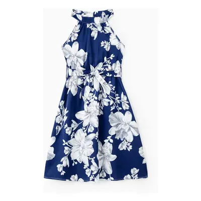 Family Matching Sets Blue Satin Floral Shirt or High Neck Halter Belted Sleeveless A-Line Silky 