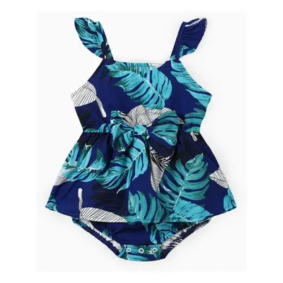 Family Matching Feather and Leaf Pattern Wrap Strap Dress and Beach Shirt Sets