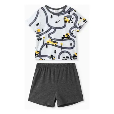 2-piece Toddler Boy Road Vehicle Print Short-sleeve Tee and Elasticized Grey Shorts Set