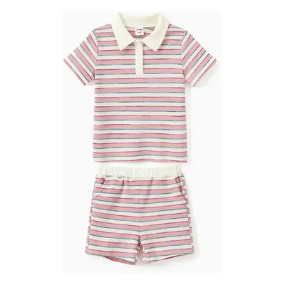 Mommy and Me Preppy Style Pink and White Striped Sleeves Polo Neck Bodycon Dress/Co-ord set