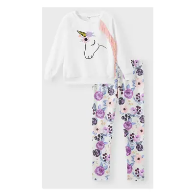 2pcs Kid Girl Animal Unicorn Print Tassel Fleece Sweatshirt and Floral Print Leggings Set