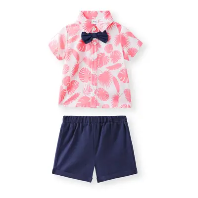 2pcs Baby Boy Allover Pink Leaf Print Short-sleeve Bow Tie Shirt and Solid Shorts Set