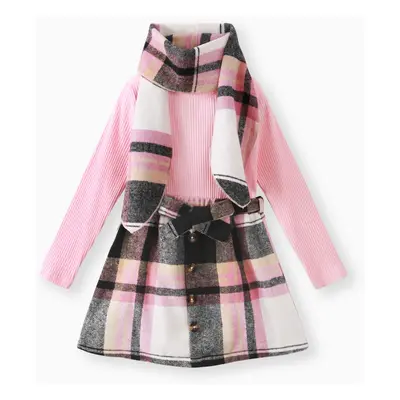 4pcs Kid Girl 95% Cotton Ribbed Solid Long-sleeve Top and Plaid Belted Skirt & Hat & Scarf Set